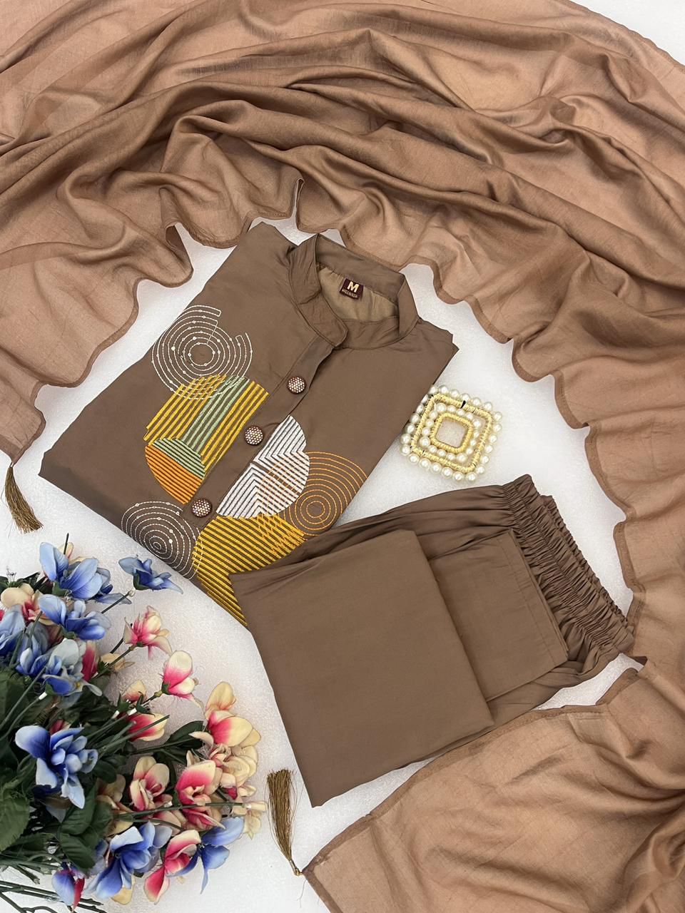 Embroidered Heavy Roman Fabric Suit Set with Chanderi Silk Dupatta