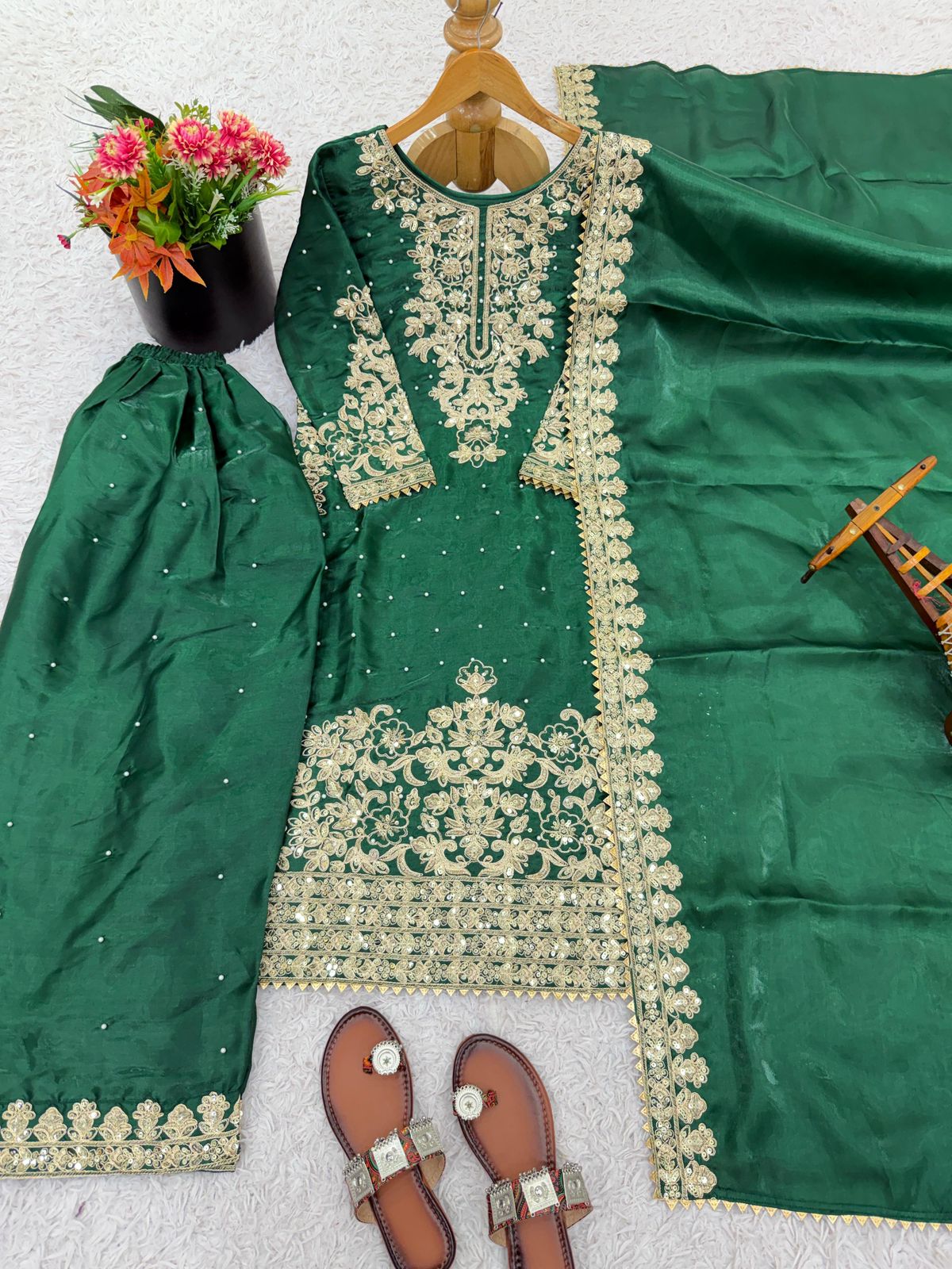 Designer Pure GMY Silk Heavy Embroidered Top Bottom & Dupatta Set