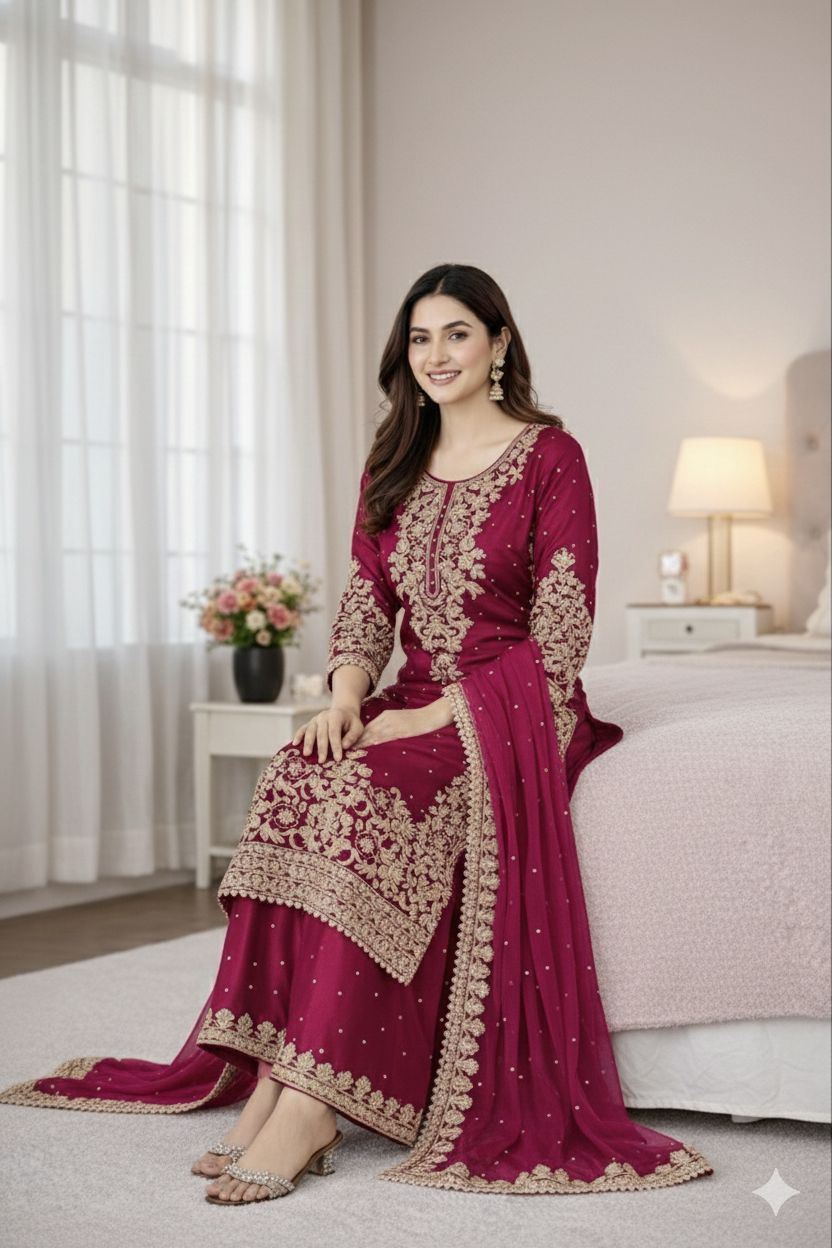 Designer Pure GMY Silk Heavy Embroidered Top Bottom & Dupatta Set