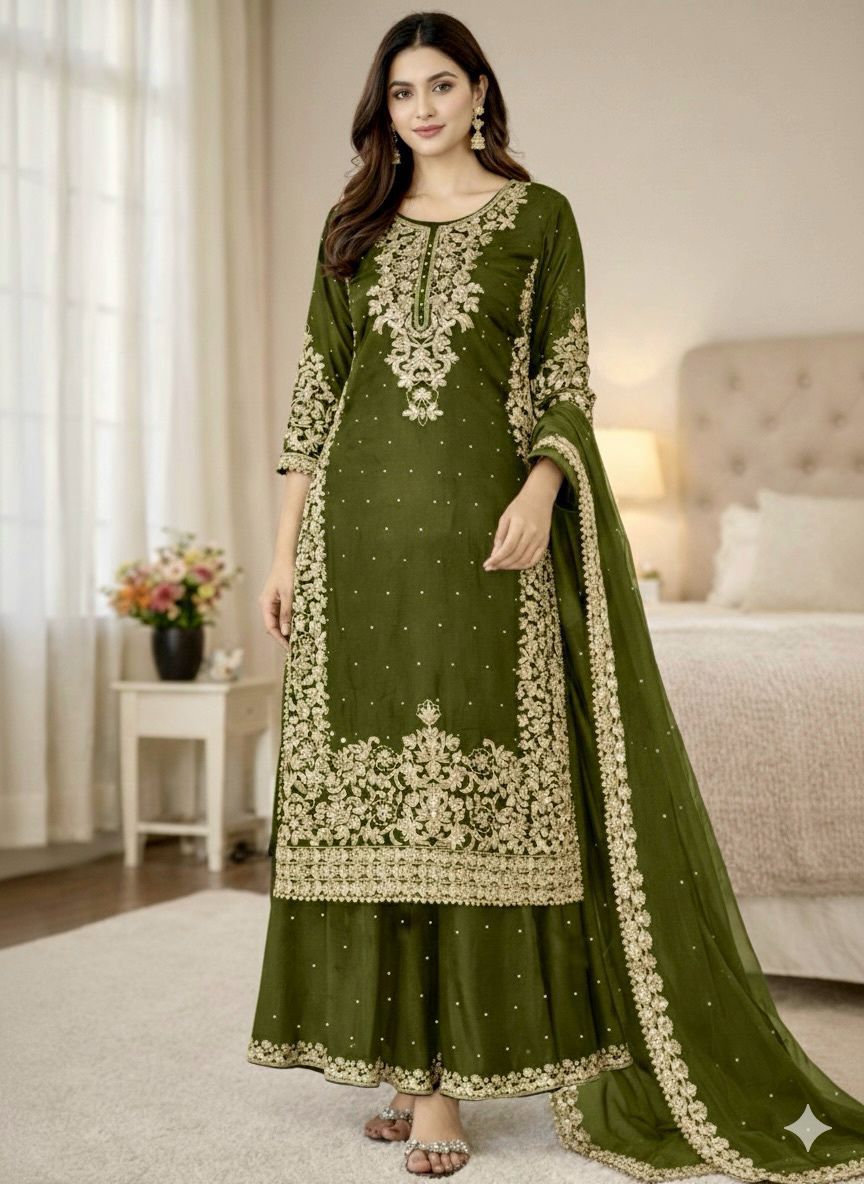 Designer Pure GMY Silk Heavy Embroidered Top Bottom & Dupatta Set