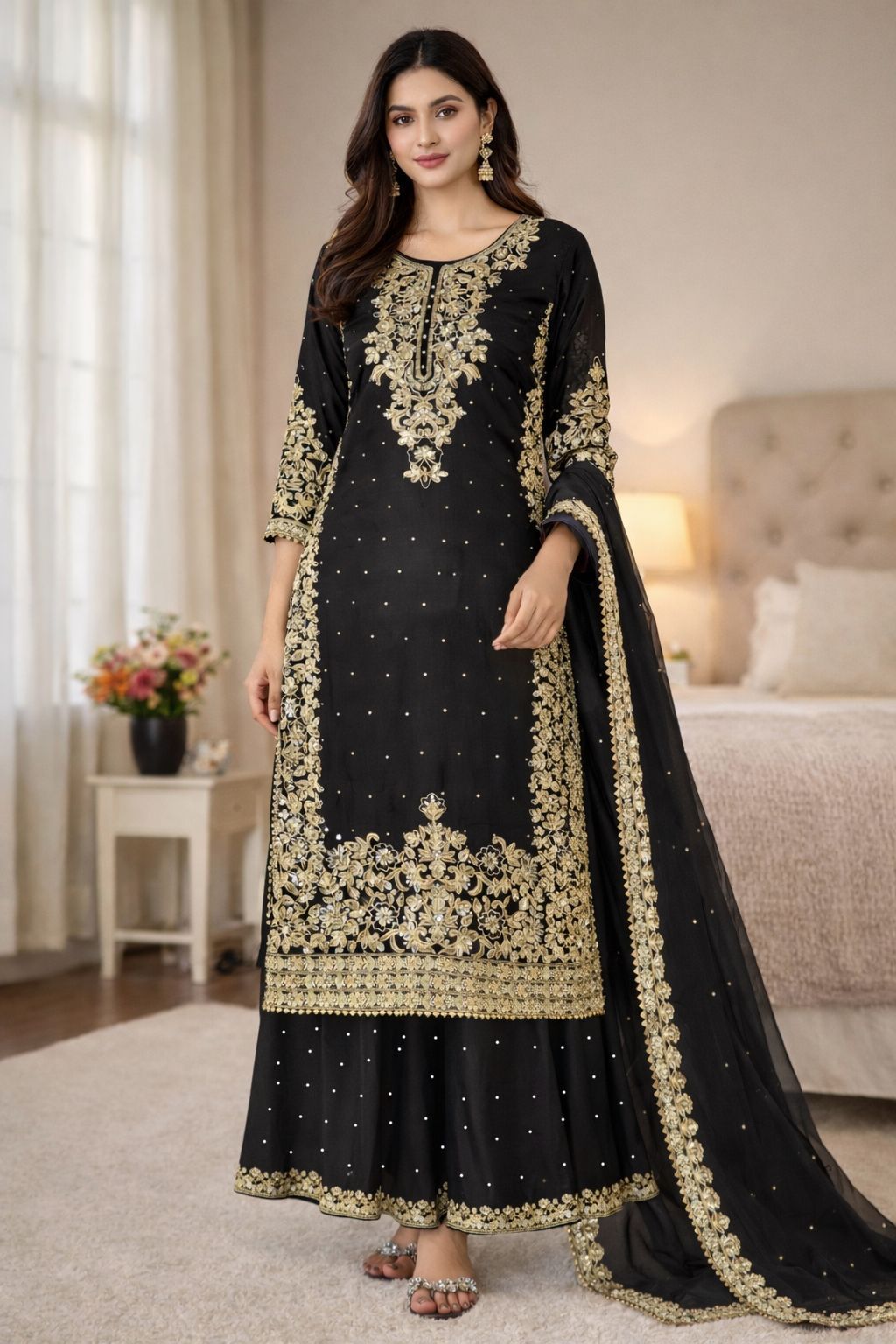 Designer Pure GMY Silk Heavy Embroidered Top Bottom & Dupatta Set