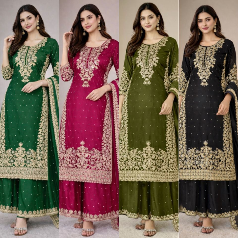 Designer Pure GMY Silk Heavy Embroidered Top Bottom & Dupatta Set