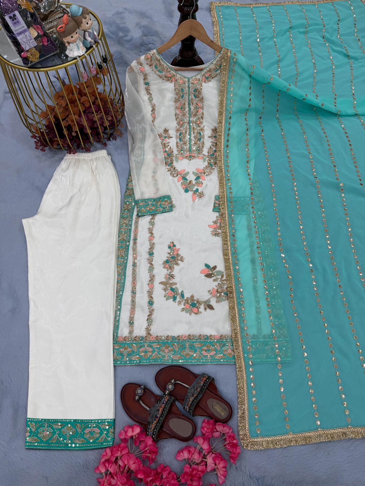 Designer Pure GMY Silk Embroidered Top Plazzo & Dupatta Set