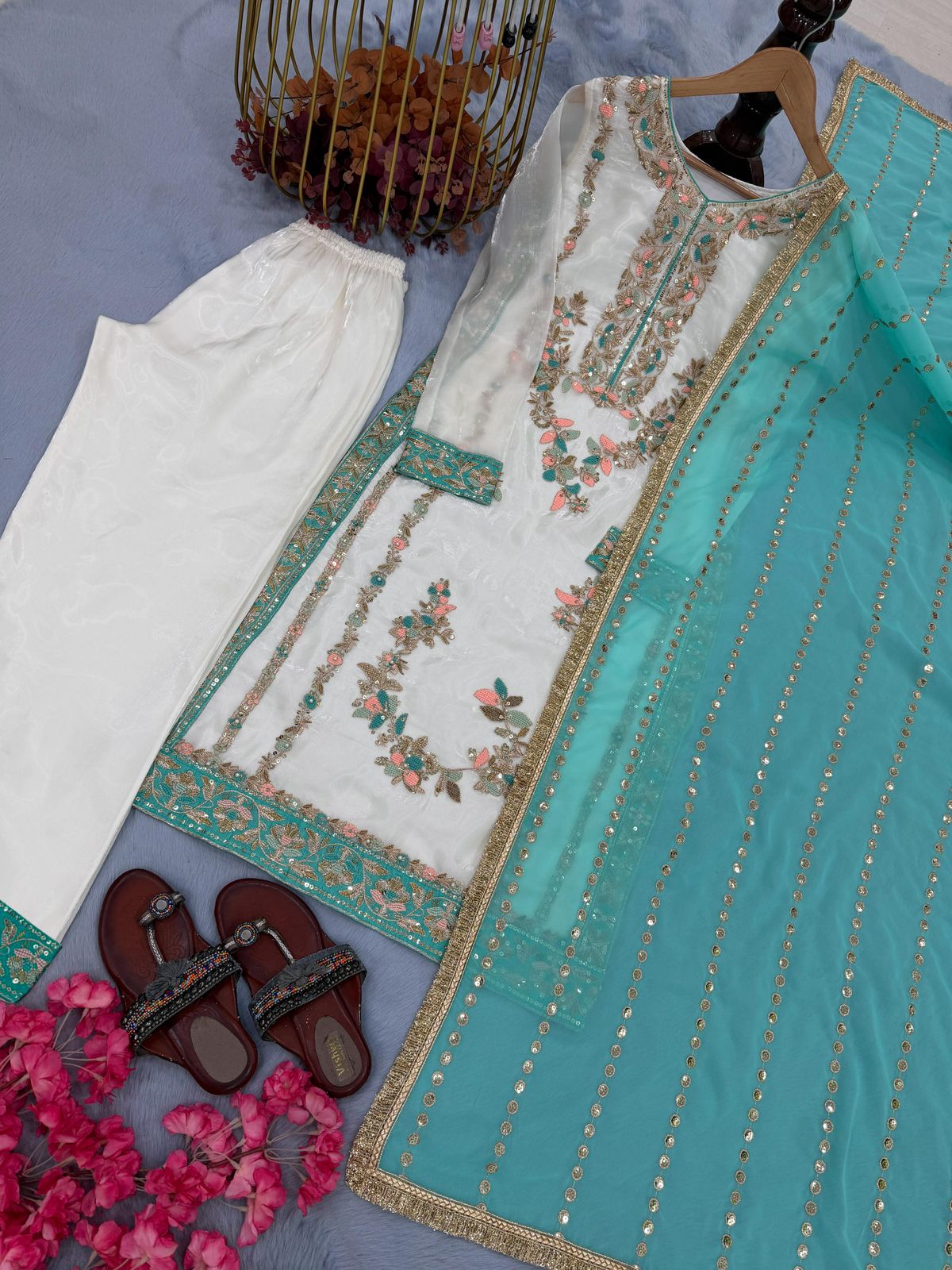 Designer Pure GMY Silk Embroidered Top Plazzo & Dupatta Set