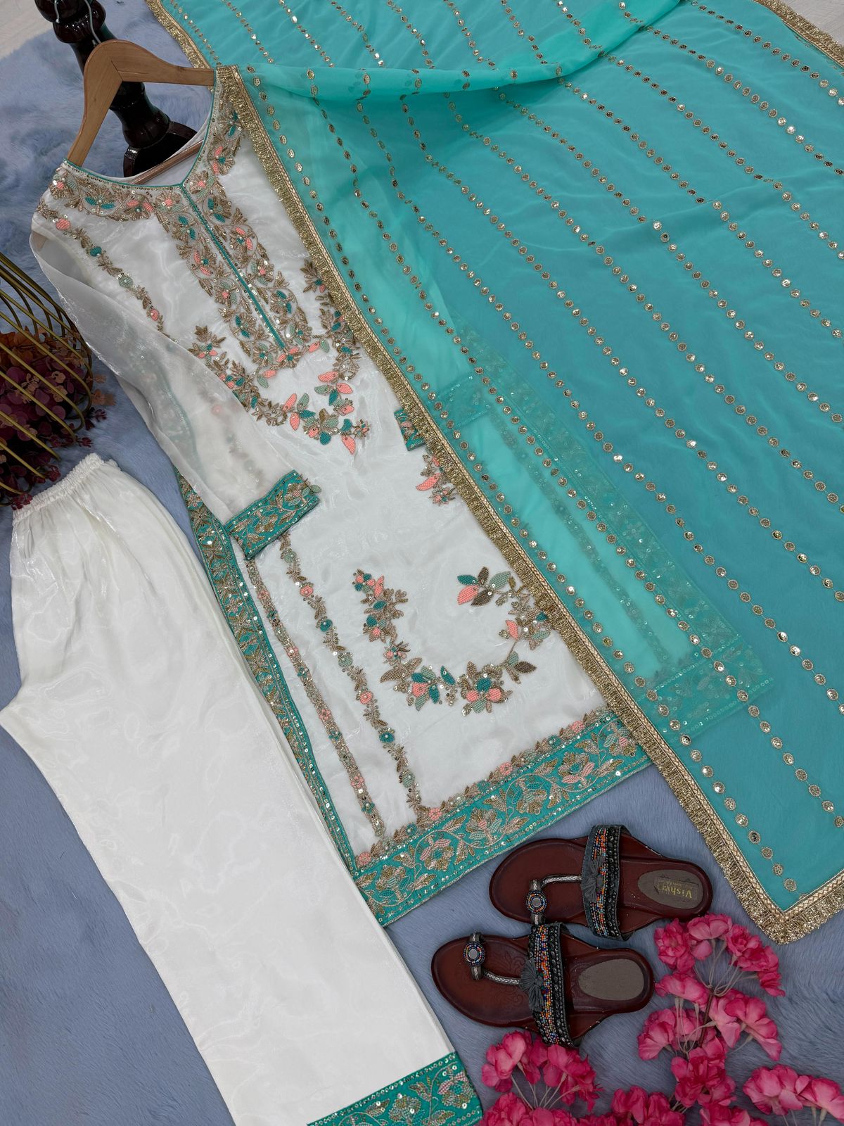 Designer Pure GMY Silk Embroidered Top Plazzo & Dupatta Set