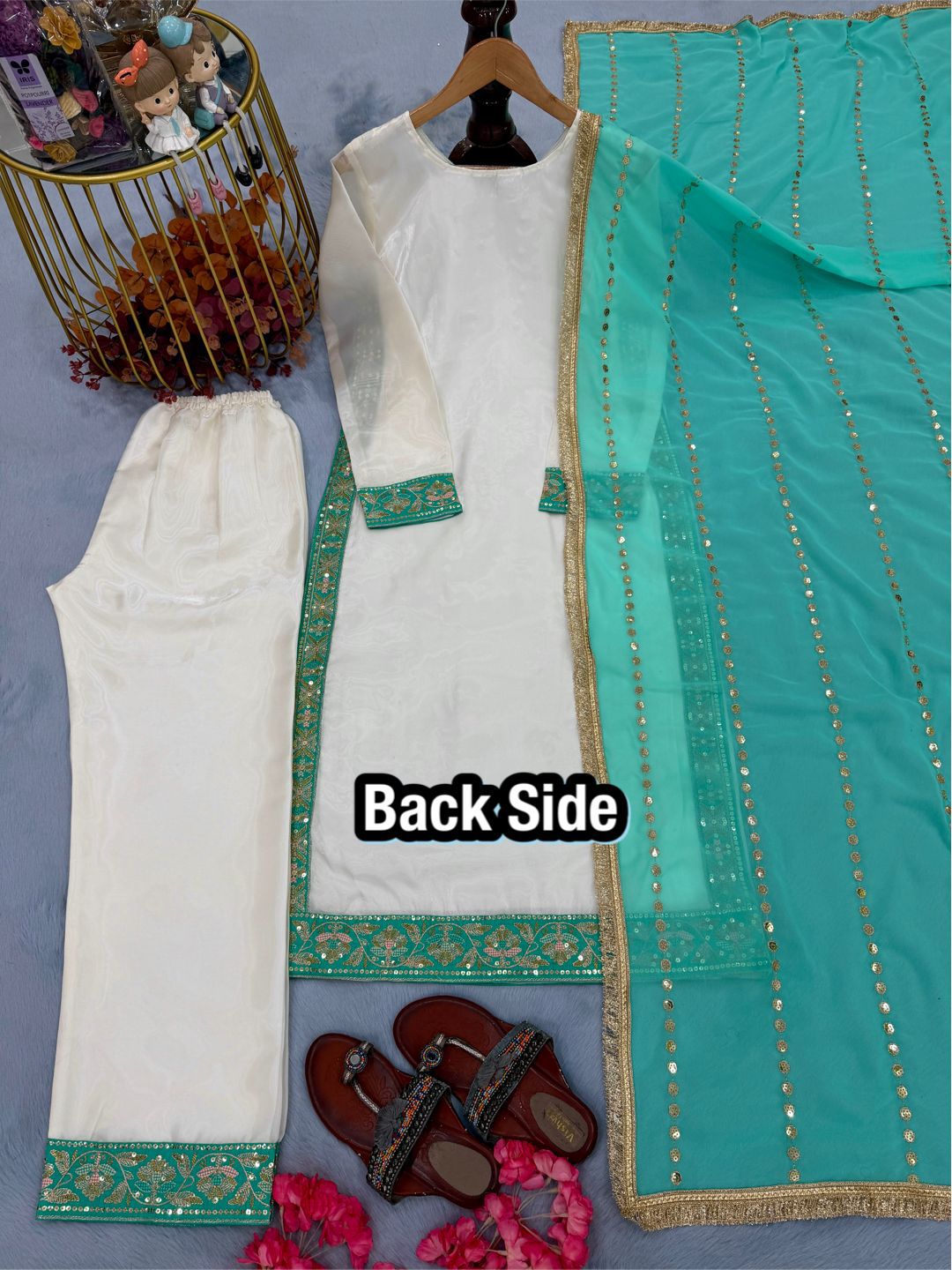 Designer Pure GMY Silk Embroidered Top Plazzo & Dupatta Set