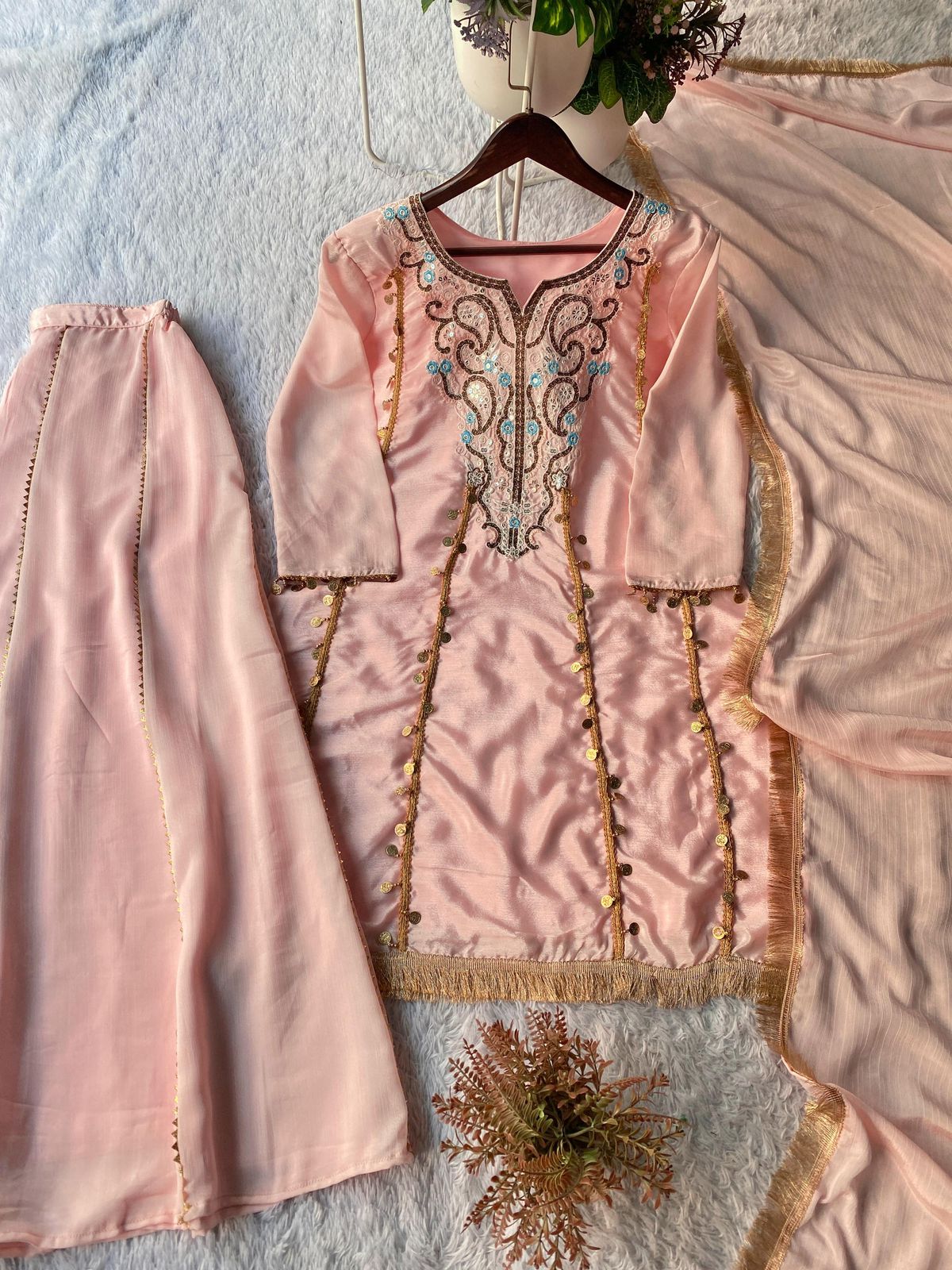 Sequence Embroidered Chinon Kurti Plazzo & Dupatta Set