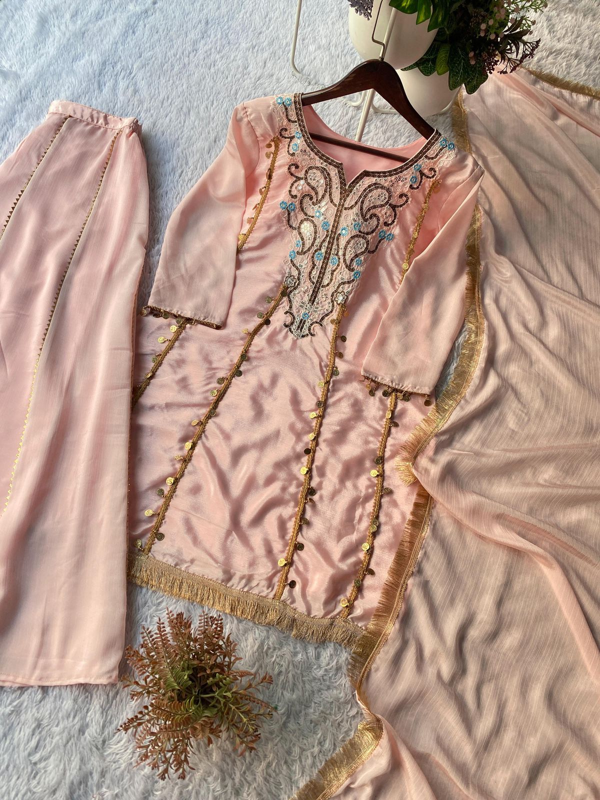 Sequence Embroidered Chinon Kurti Plazzo & Dupatta Set
