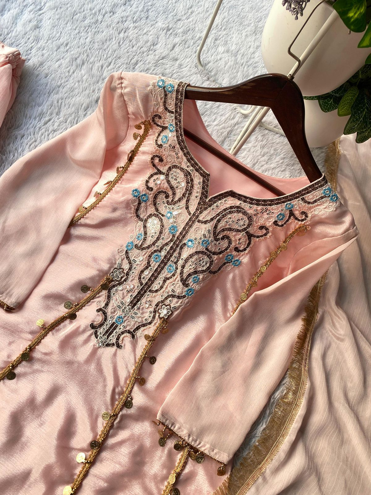 Sequence Embroidered Chinon Kurti Plazzo & Dupatta Set