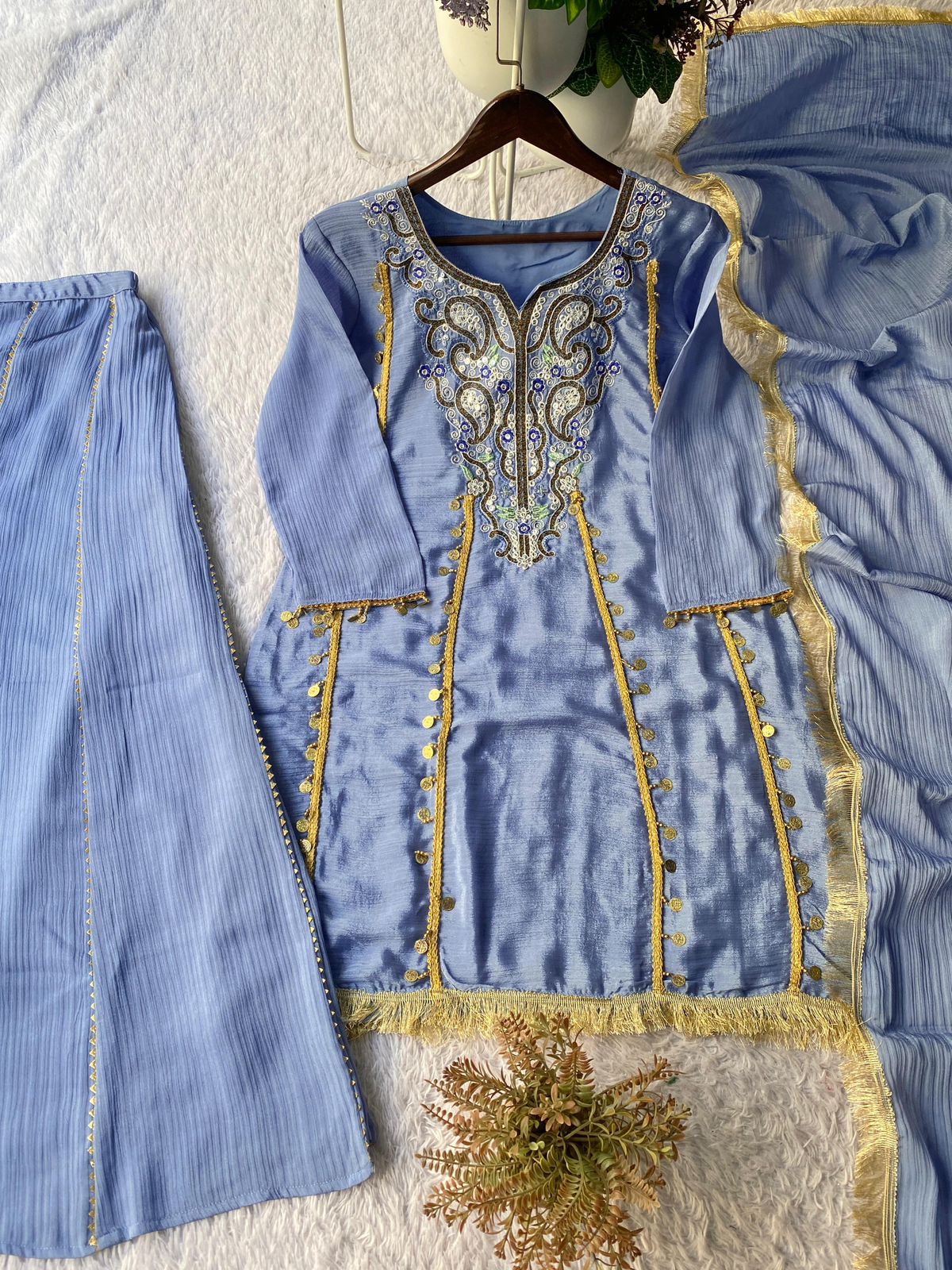 Sequence Embroidered Chinon Kurti Plazzo & Dupatta Set