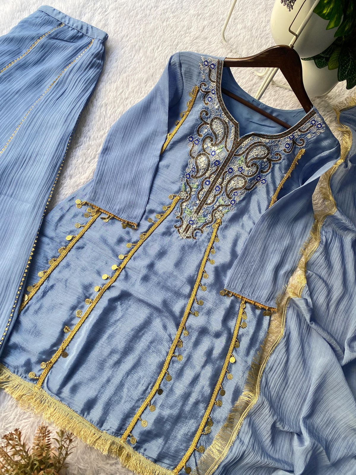 Sequence Embroidered Chinon Kurti Plazzo & Dupatta Set