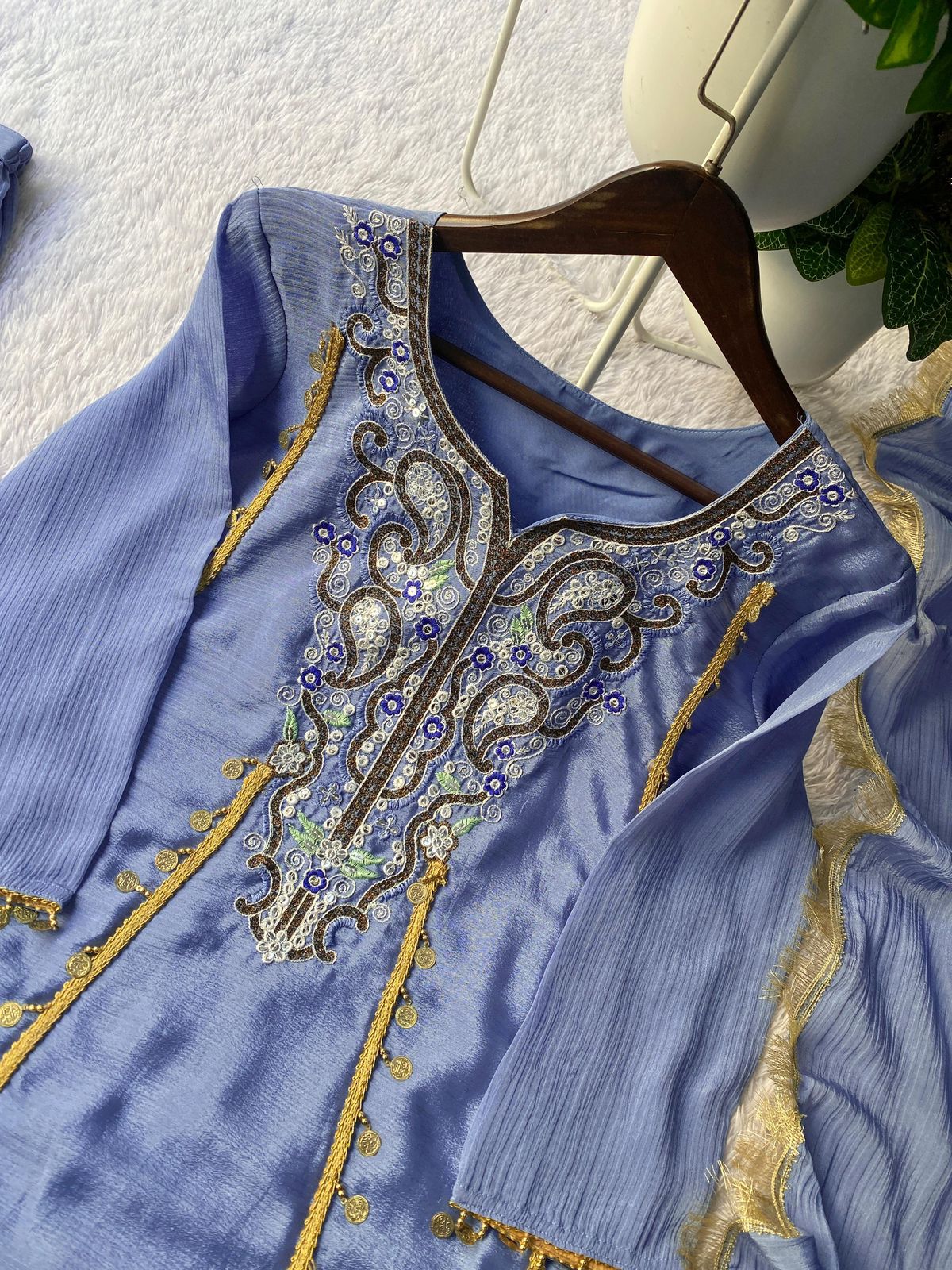 Sequence Embroidered Chinon Kurti Plazzo & Dupatta Set