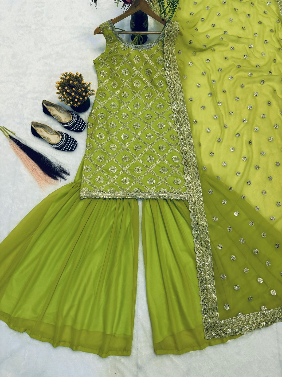 Embroidered Faux Georgette Top with Sarara Plazzo & Dupatta Set