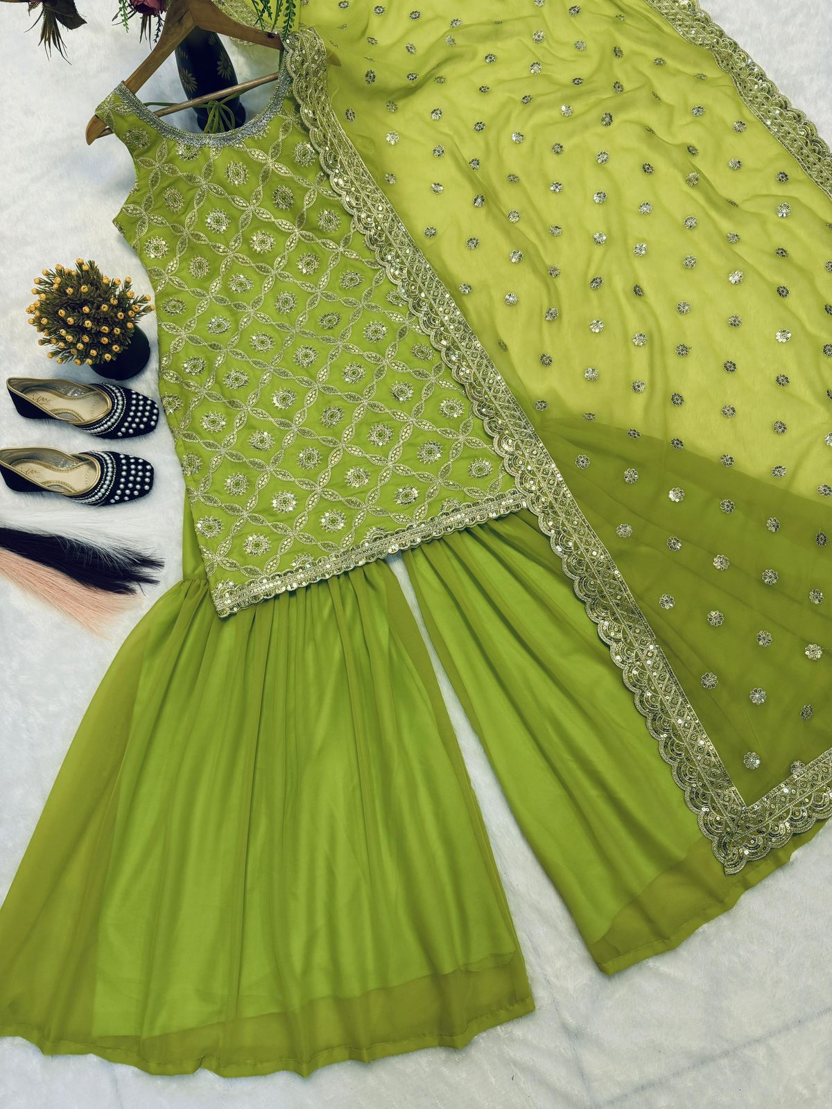 Embroidered Faux Georgette Top with Sarara Plazzo & Dupatta Set