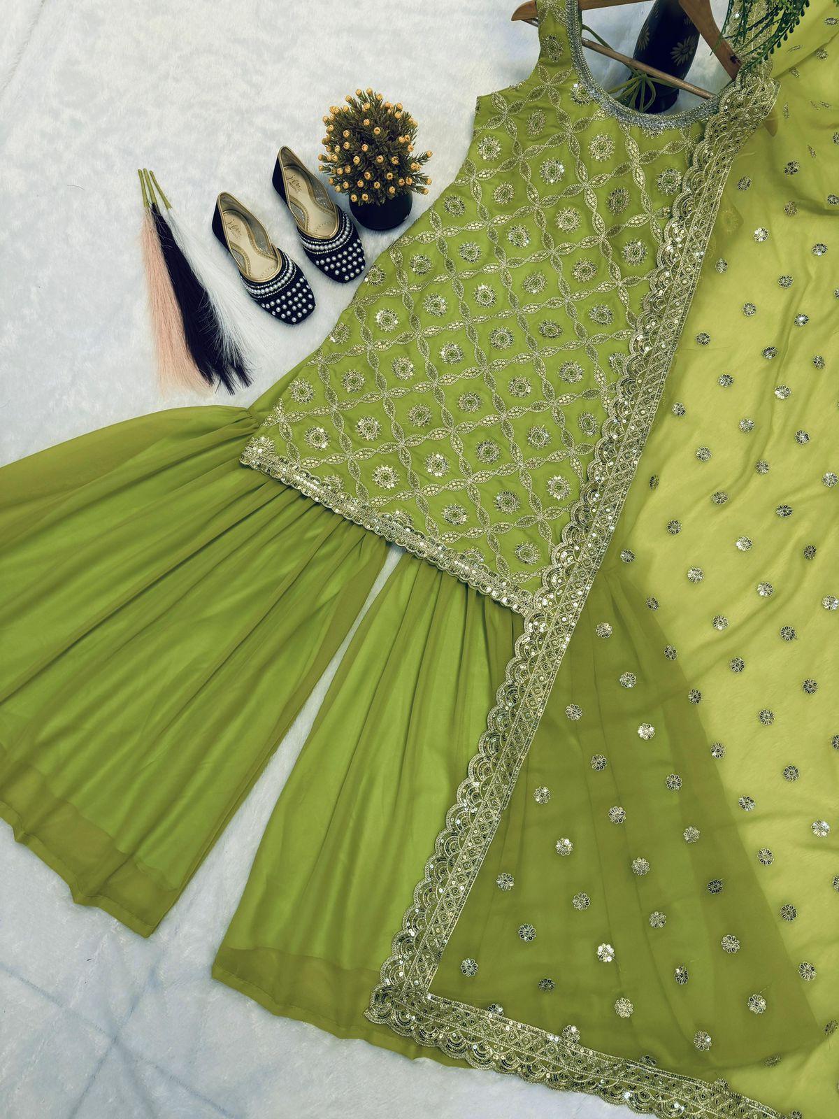 Embroidered Faux Georgette Top with Sarara Plazzo & Dupatta Set