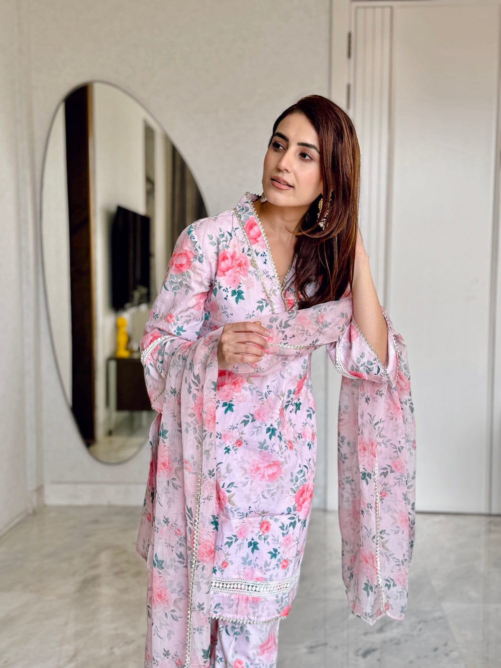 Muslin Floral Print Suit Set with Kota Doria Dupatta