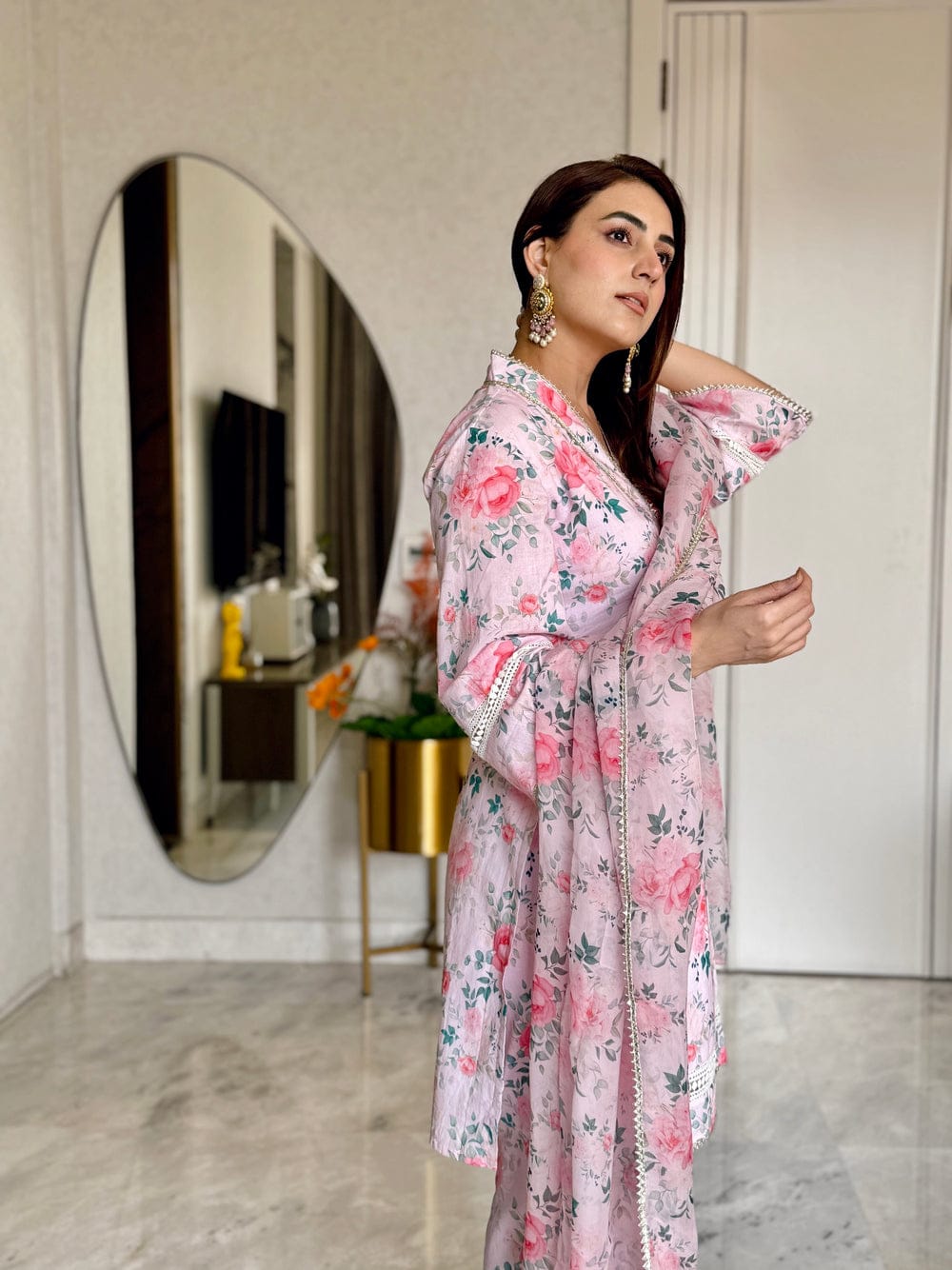 Muslin Floral Print Suit Set with Kota Doria Dupatta