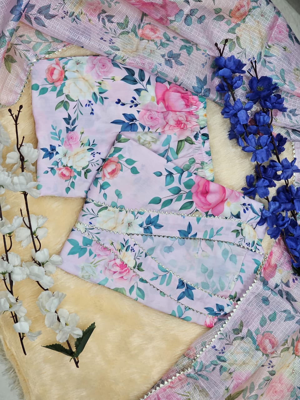 Muslin Floral Print Suit Set with Kota Doria Dupatta