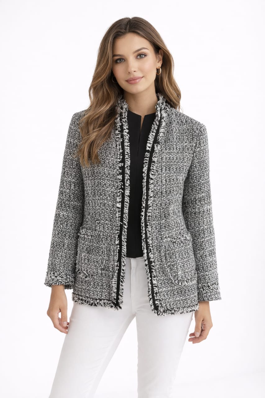 Black and White Tweed Jacket with Fringe Trim - Size S