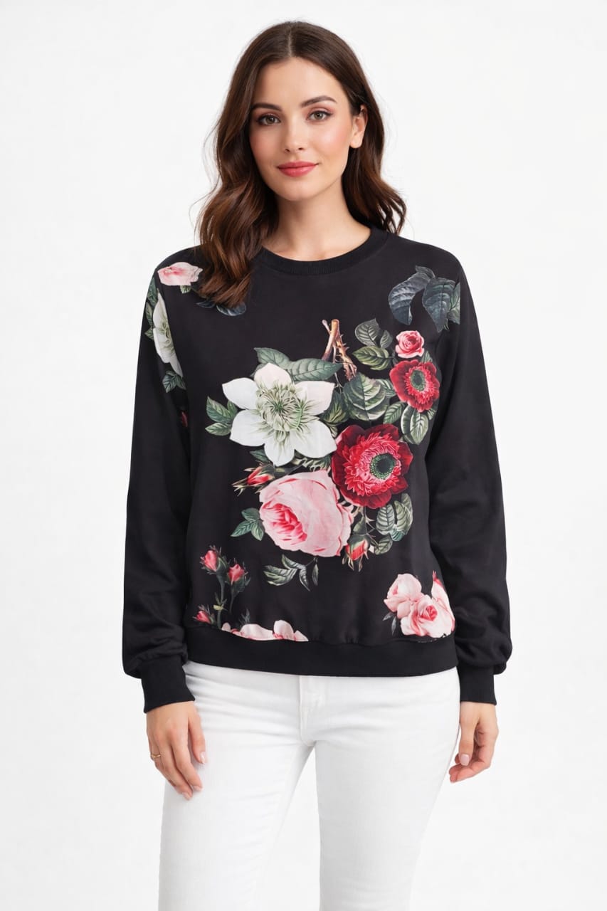 Black Floral Print Sweatshirt - Size L
