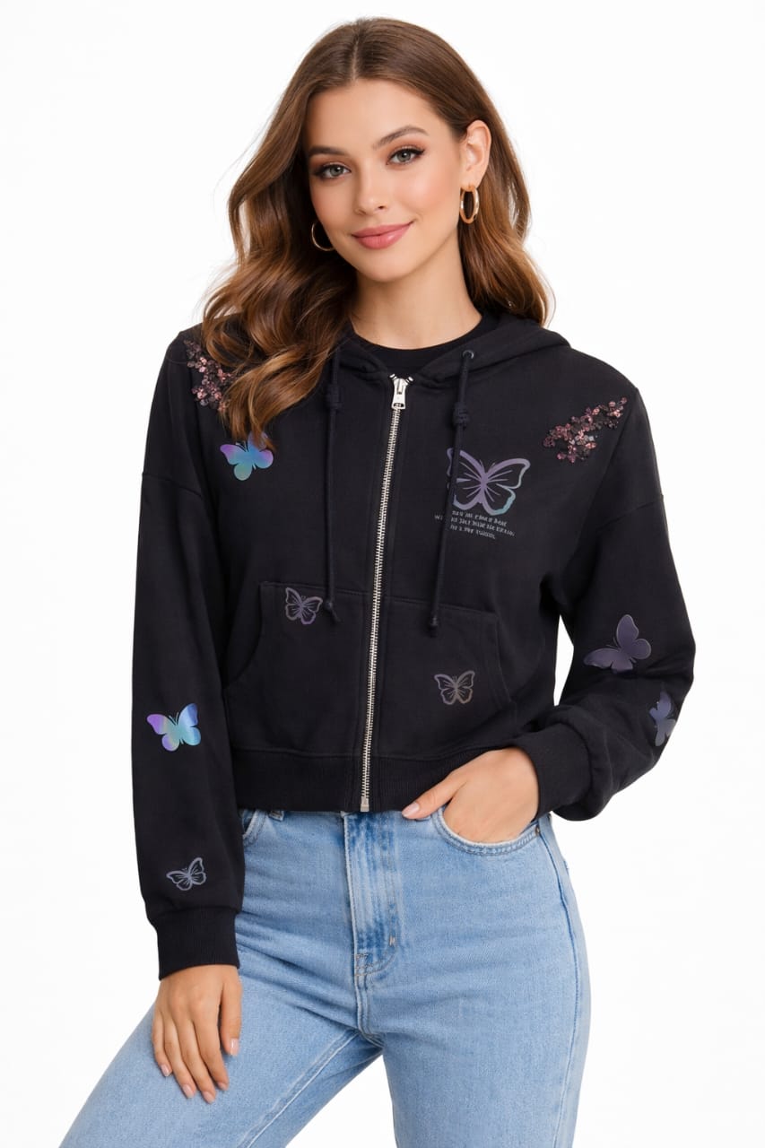 Black Butterfly Embellished Hoodie - Size S