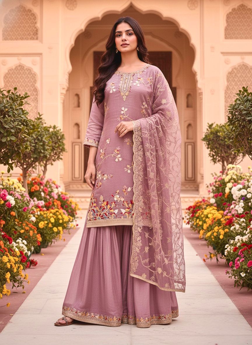 Designer Party Wear Pure GMY Silk Embroidered Top Plazzo & Dupatta Set