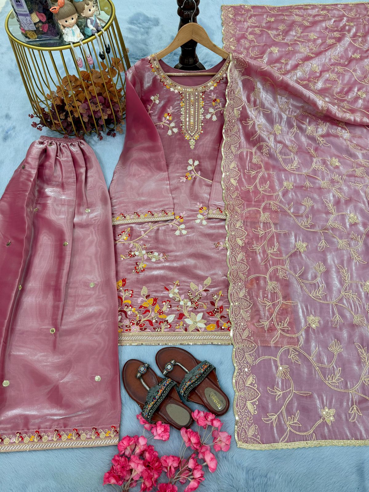 Designer Party Wear Pure GMY Silk Embroidered Top Plazzo & Dupatta Set