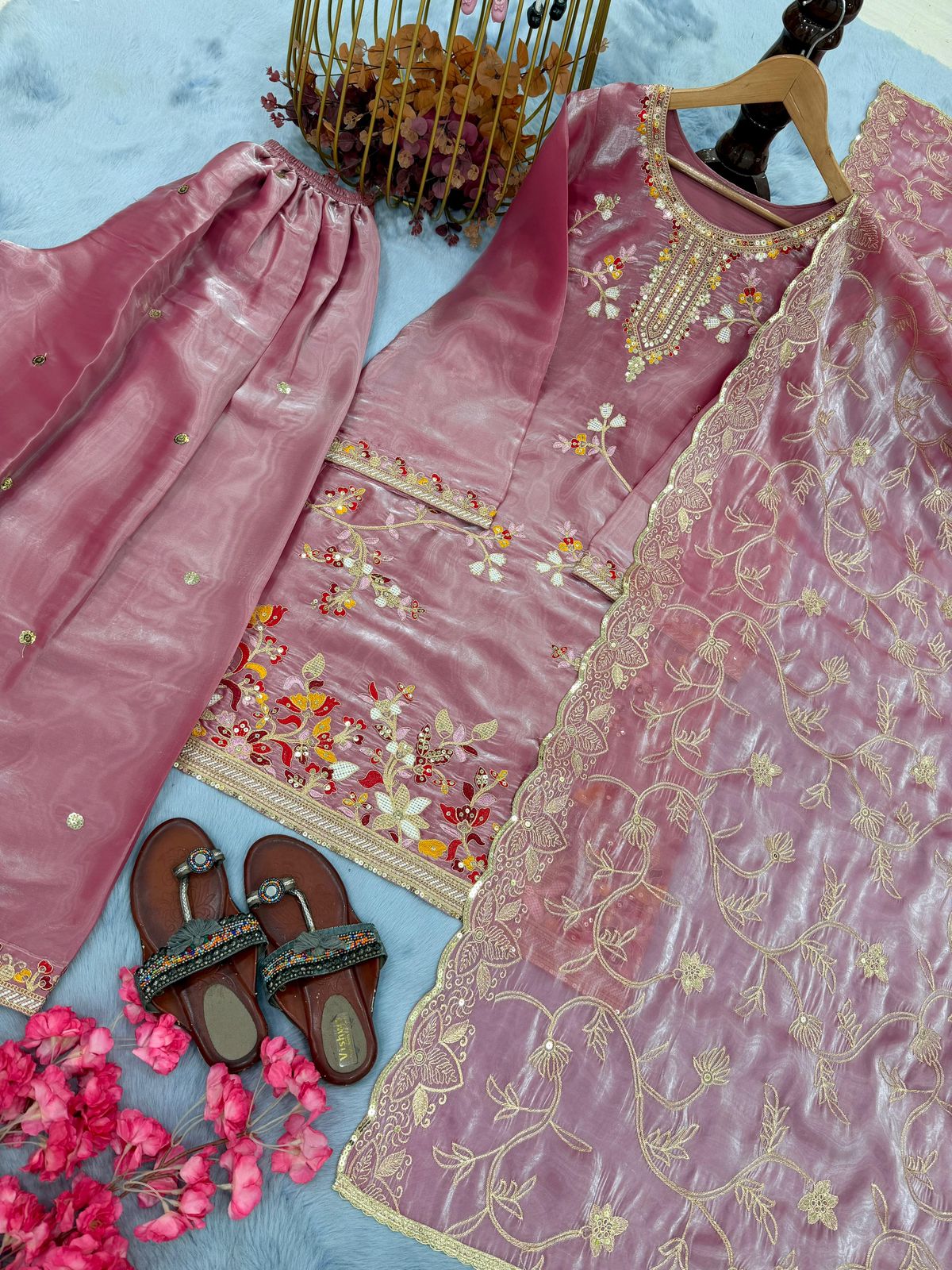 Designer Party Wear Pure GMY Silk Embroidered Top Plazzo & Dupatta Set