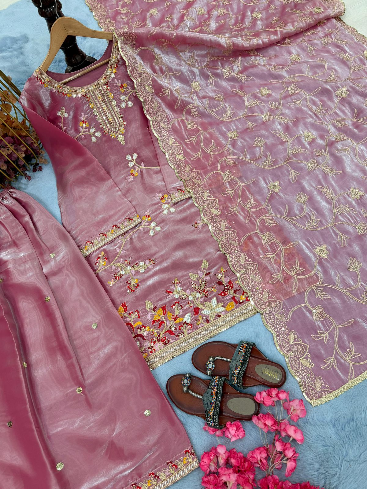 Designer Party Wear Pure GMY Silk Embroidered Top Plazzo & Dupatta Set