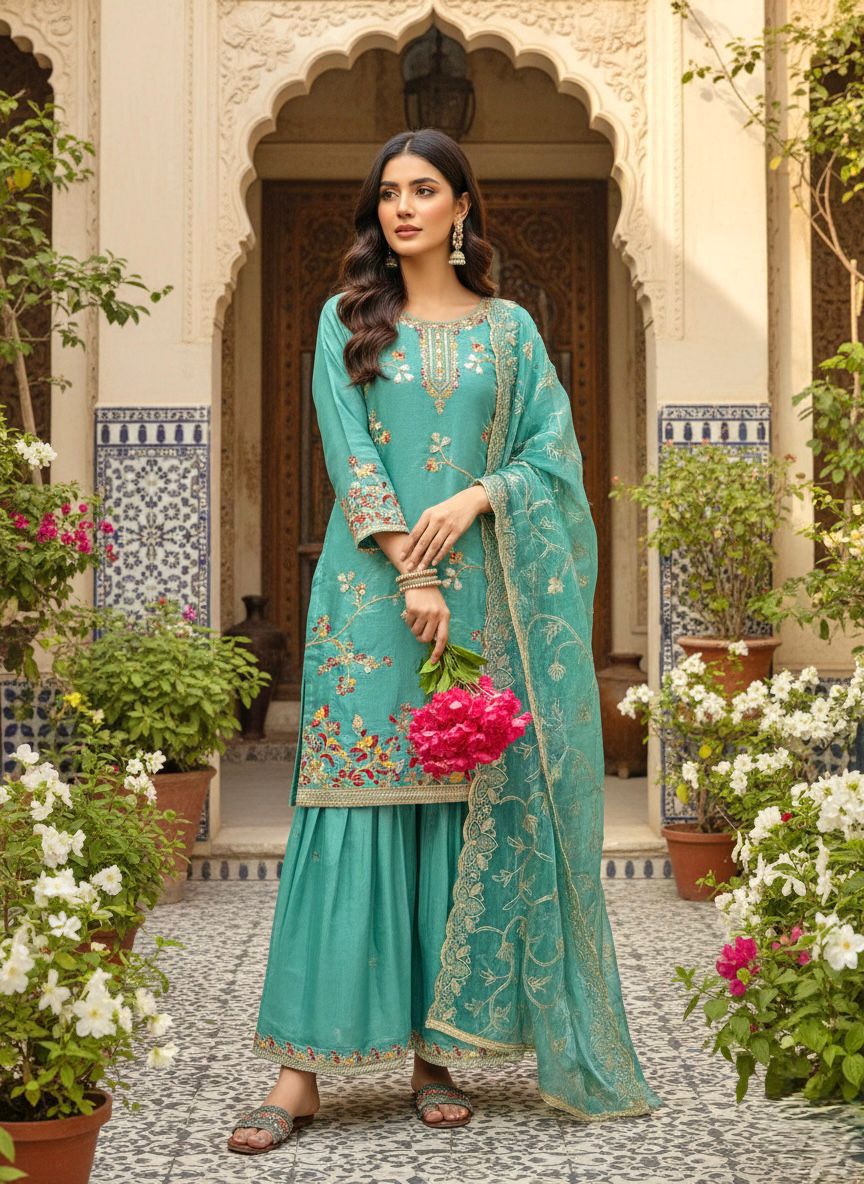 Designer Party Wear Pure GMY Silk Embroidered Top Plazzo & Dupatta Set