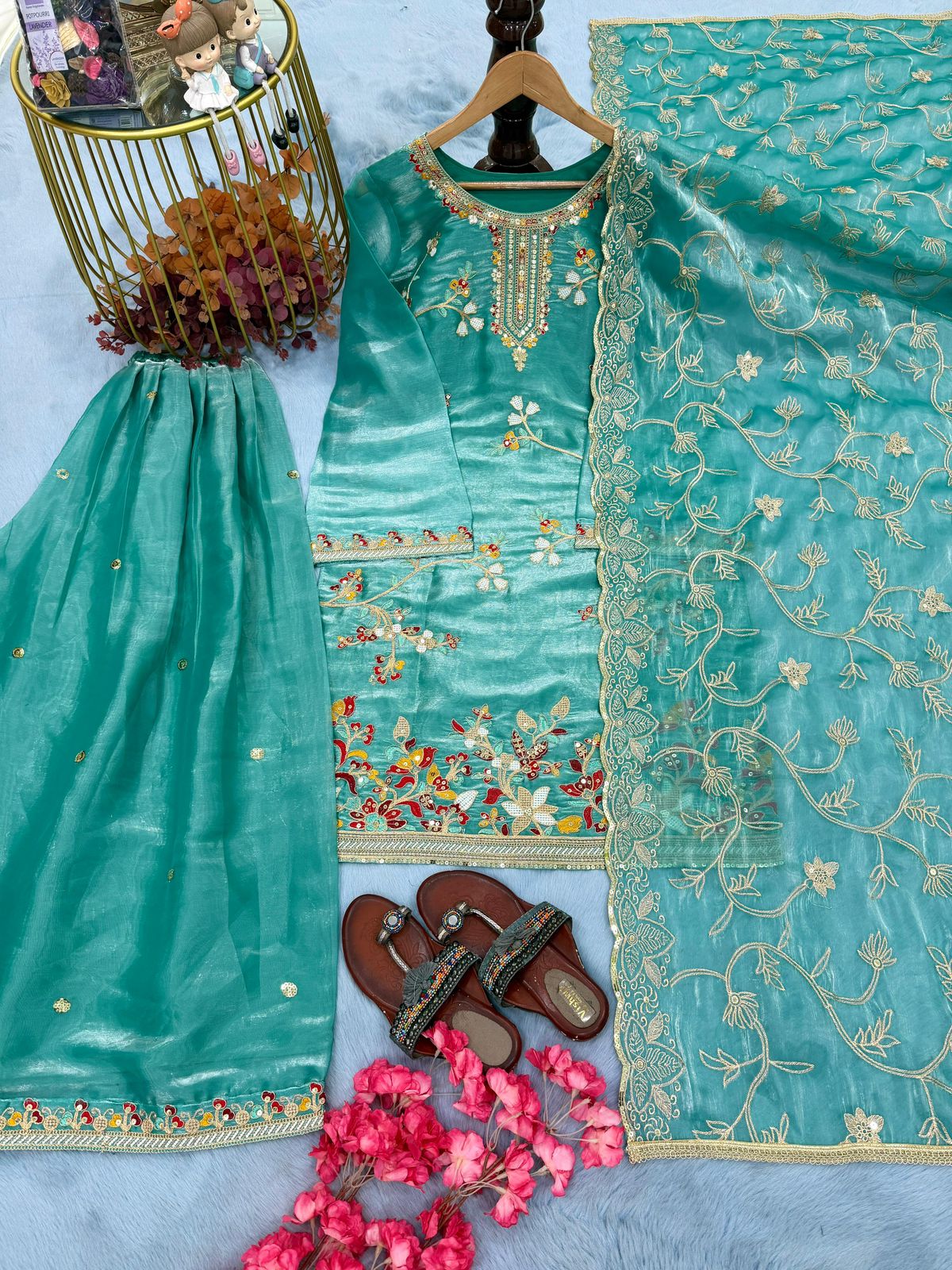 Designer Party Wear Pure GMY Silk Embroidered Top Plazzo & Dupatta Set