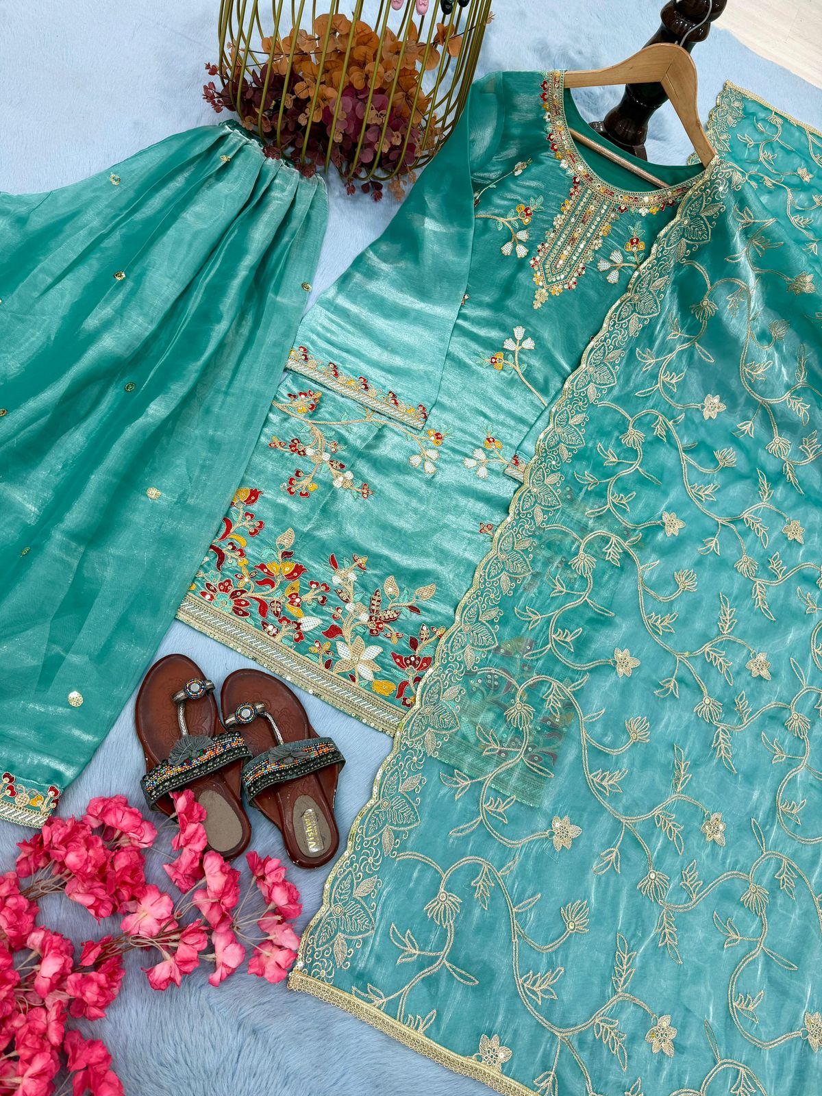 Designer Party Wear Pure GMY Silk Embroidered Top Plazzo & Dupatta Set