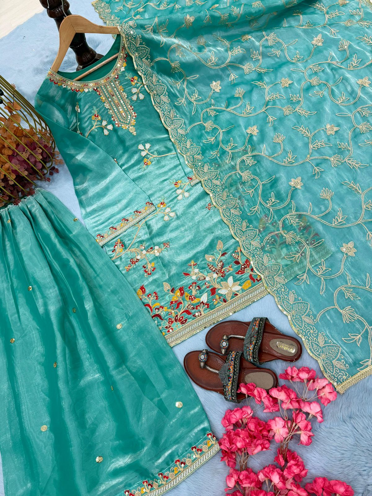 Designer Party Wear Pure GMY Silk Embroidered Top Plazzo & Dupatta Set