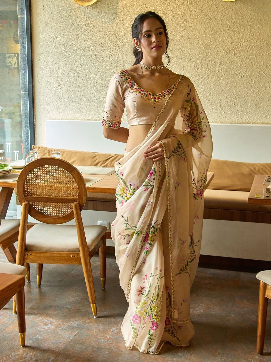 Floral Handwork Tebby Silk Saree with Embellished Blouse