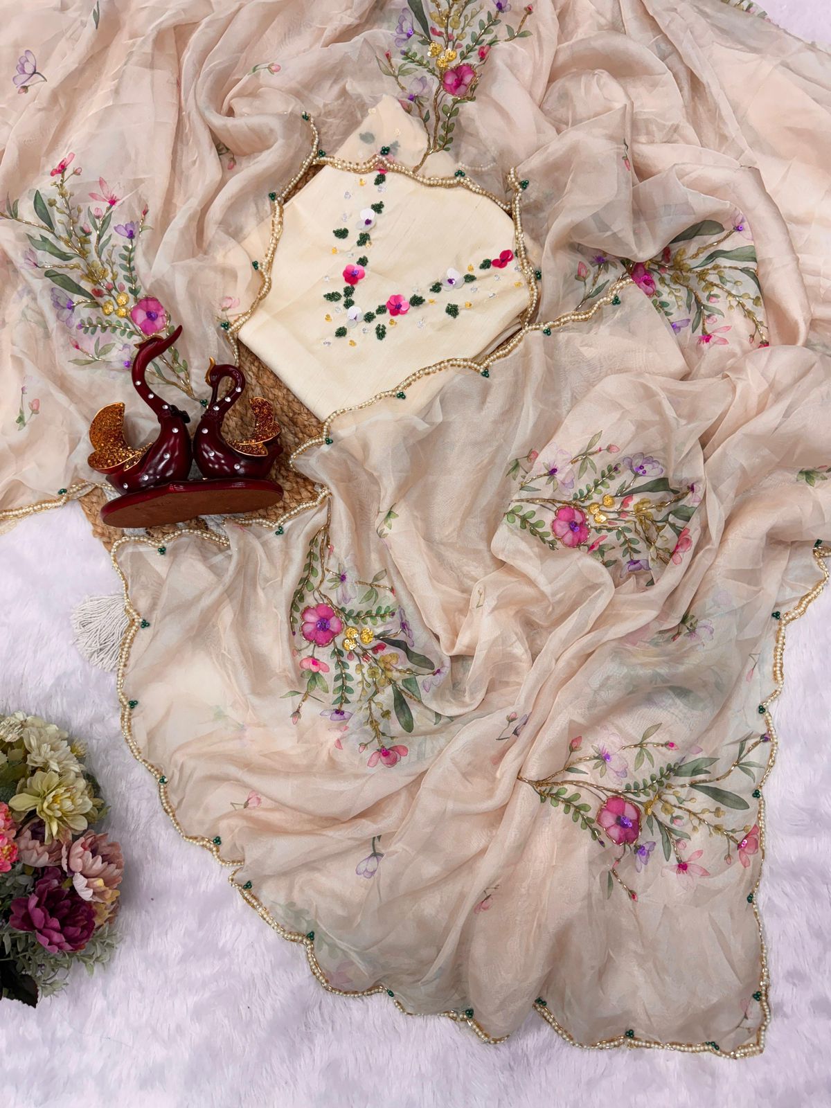 Floral Handwork Tebby Silk Saree with Embellished Blouse