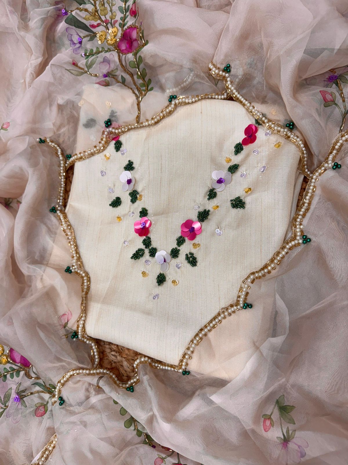 Floral Handwork Tebby Silk Saree with Embellished Blouse