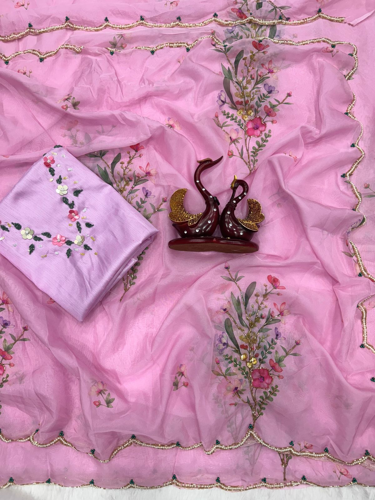 Floral Handwork Tebby Silk Saree with Embellished Blouse