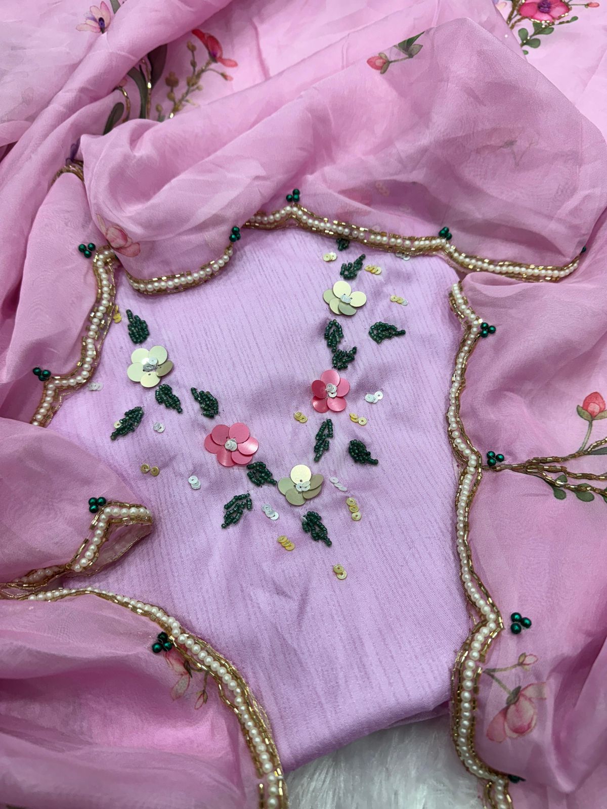 Floral Handwork Tebby Silk Saree with Embellished Blouse