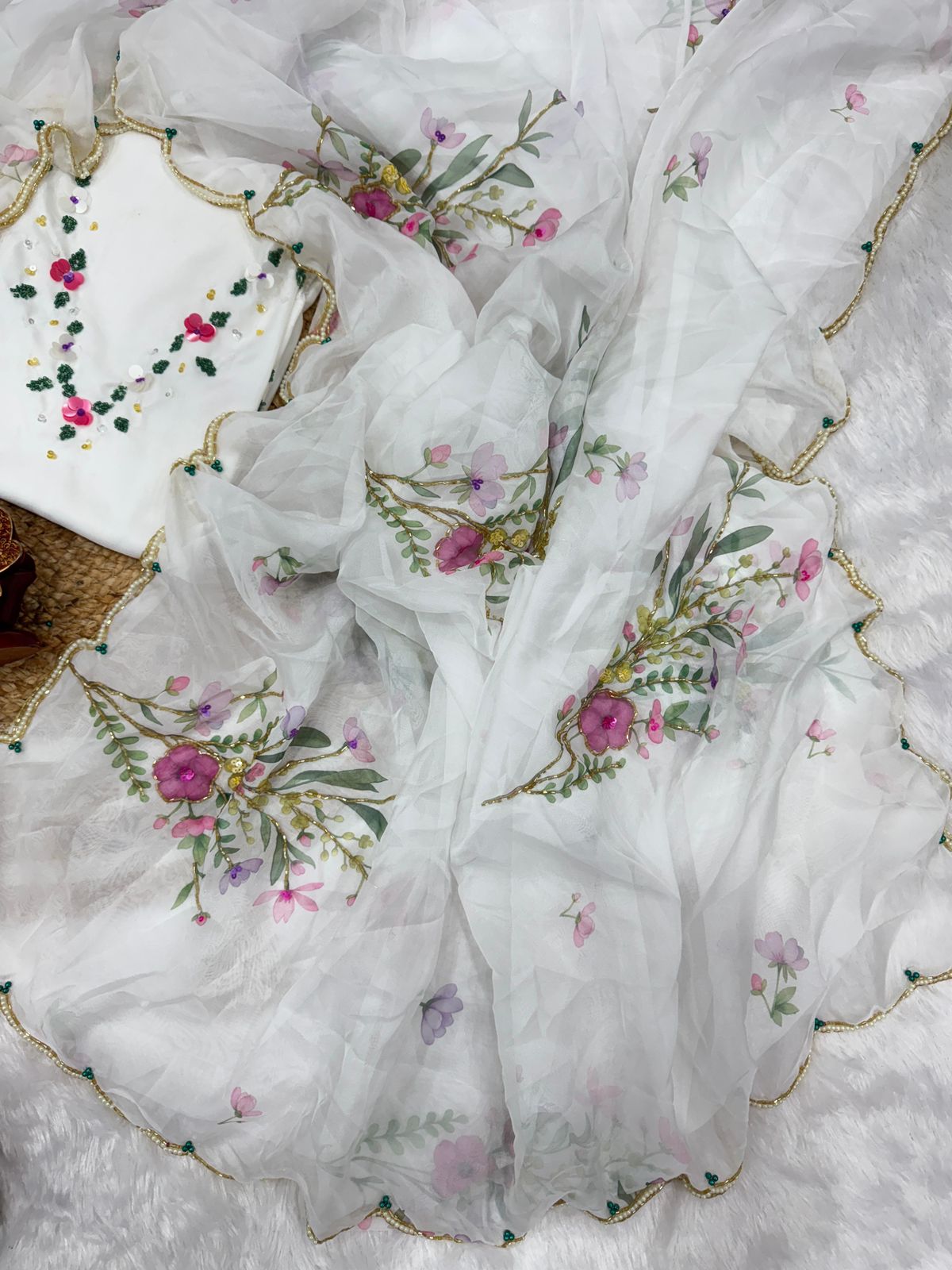 Floral Handwork Tebby Silk Saree with Embellished Blouse