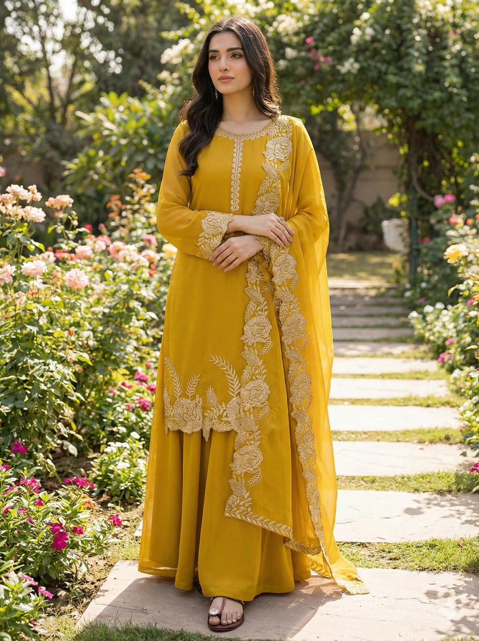 Embroidered Faux Georgette Top with Plazzo Set
