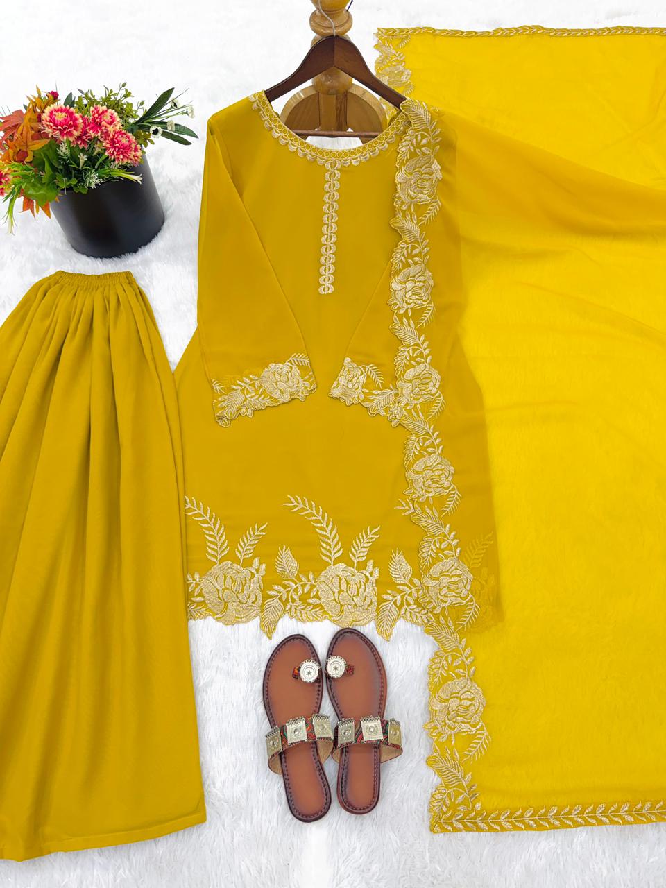 Embroidered Faux Georgette Top with Plazzo Set