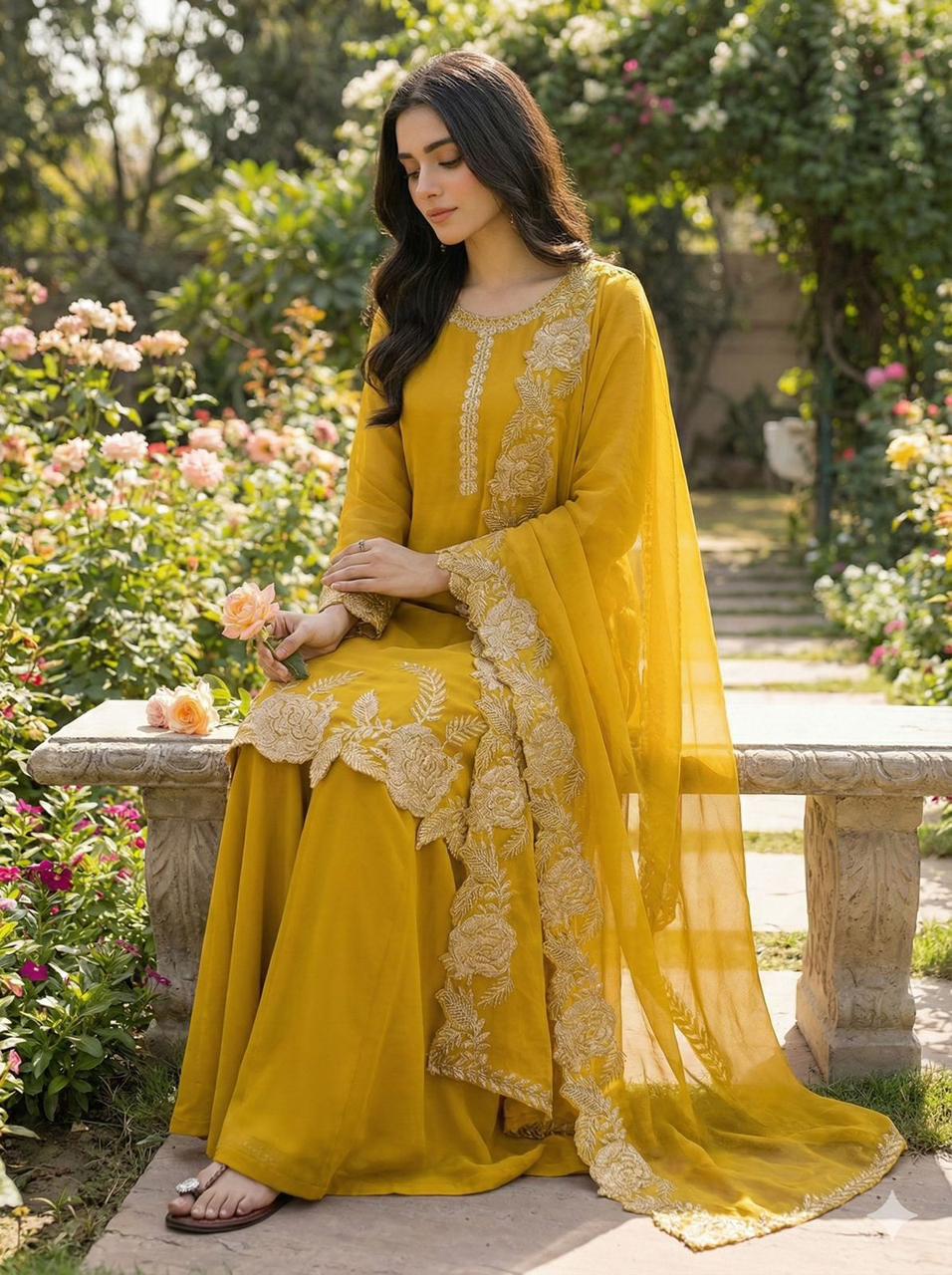 Embroidered Faux Georgette Top with Plazzo Set