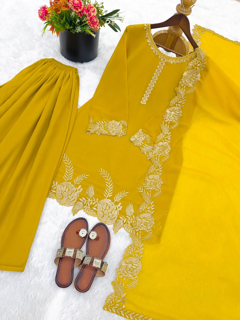 Embroidered Faux Georgette Top with Plazzo Set