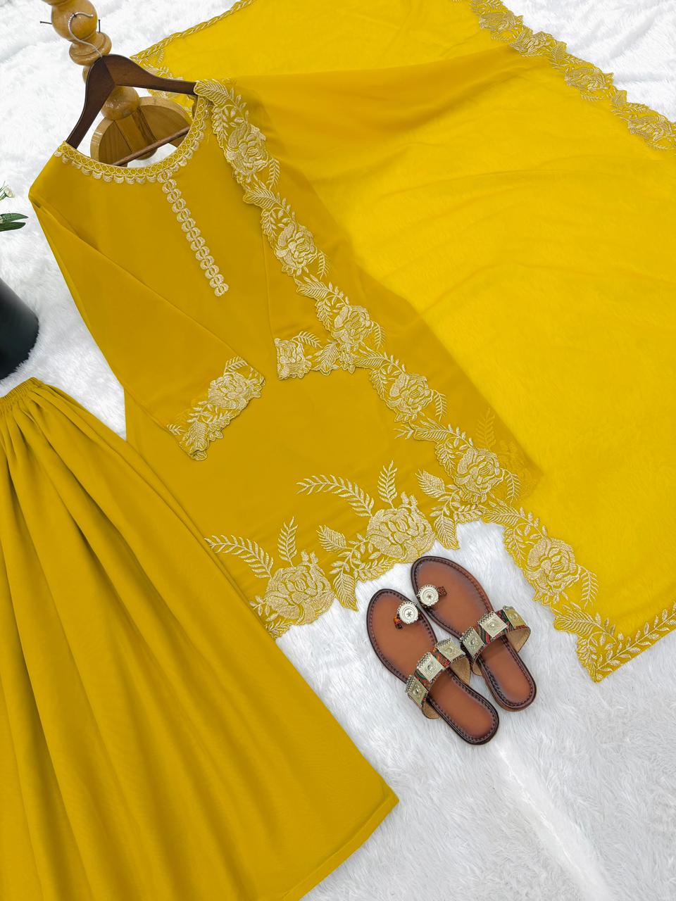 Embroidered Faux Georgette Top with Plazzo Set