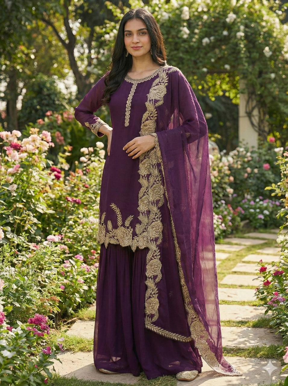 Embroidered Faux Georgette Top with Plazzo Set