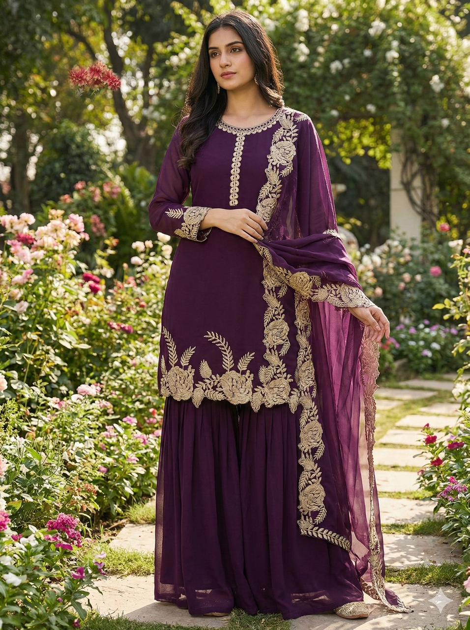 Embroidered Faux Georgette Top with Plazzo Set