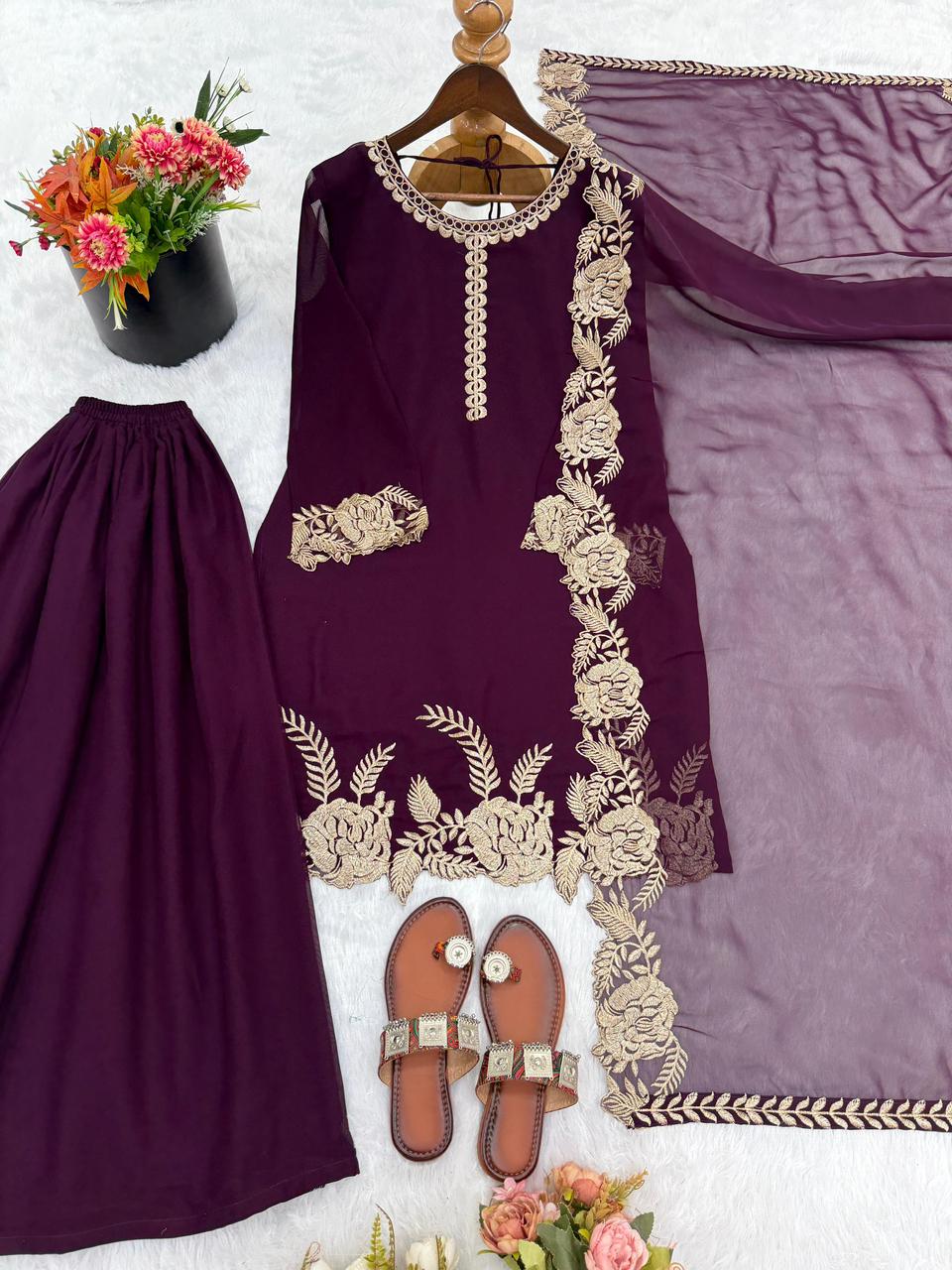 Embroidered Faux Georgette Top with Plazzo Set