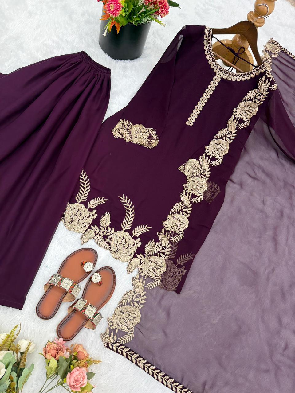 Embroidered Faux Georgette Top with Plazzo Set