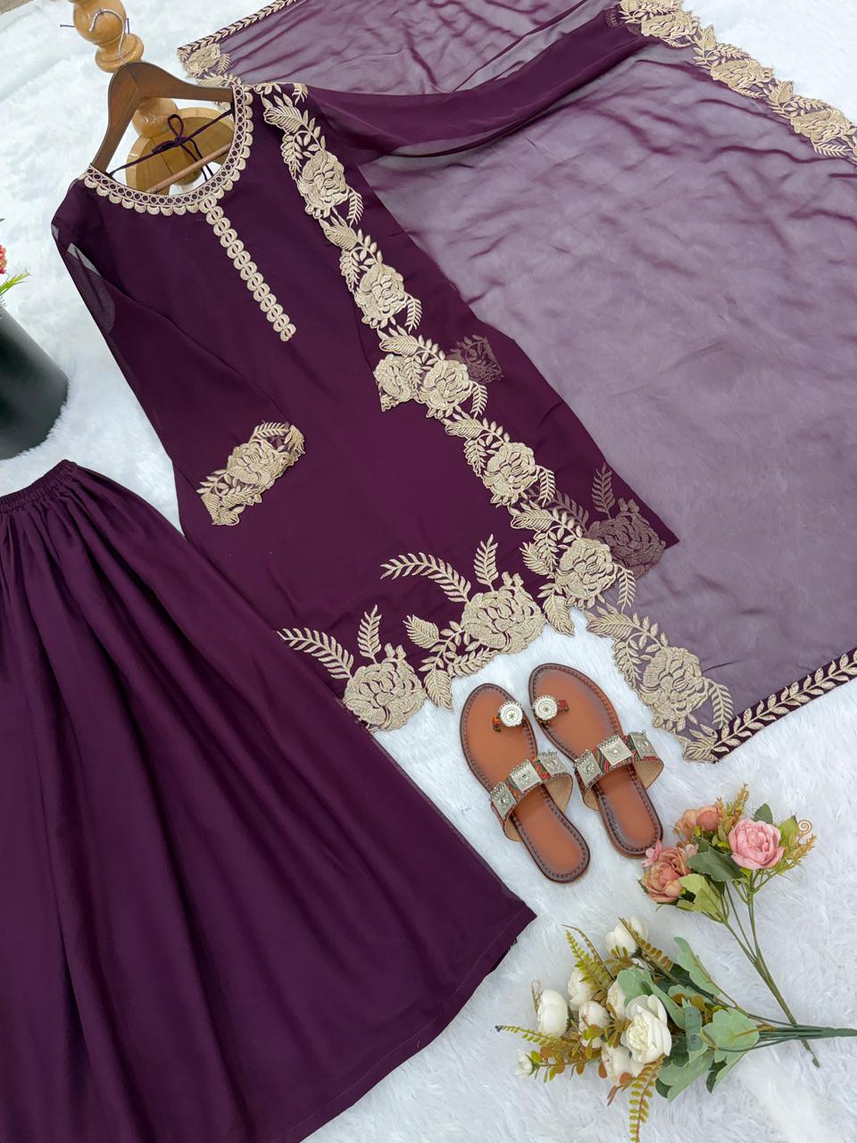 Embroidered Faux Georgette Top with Plazzo Set