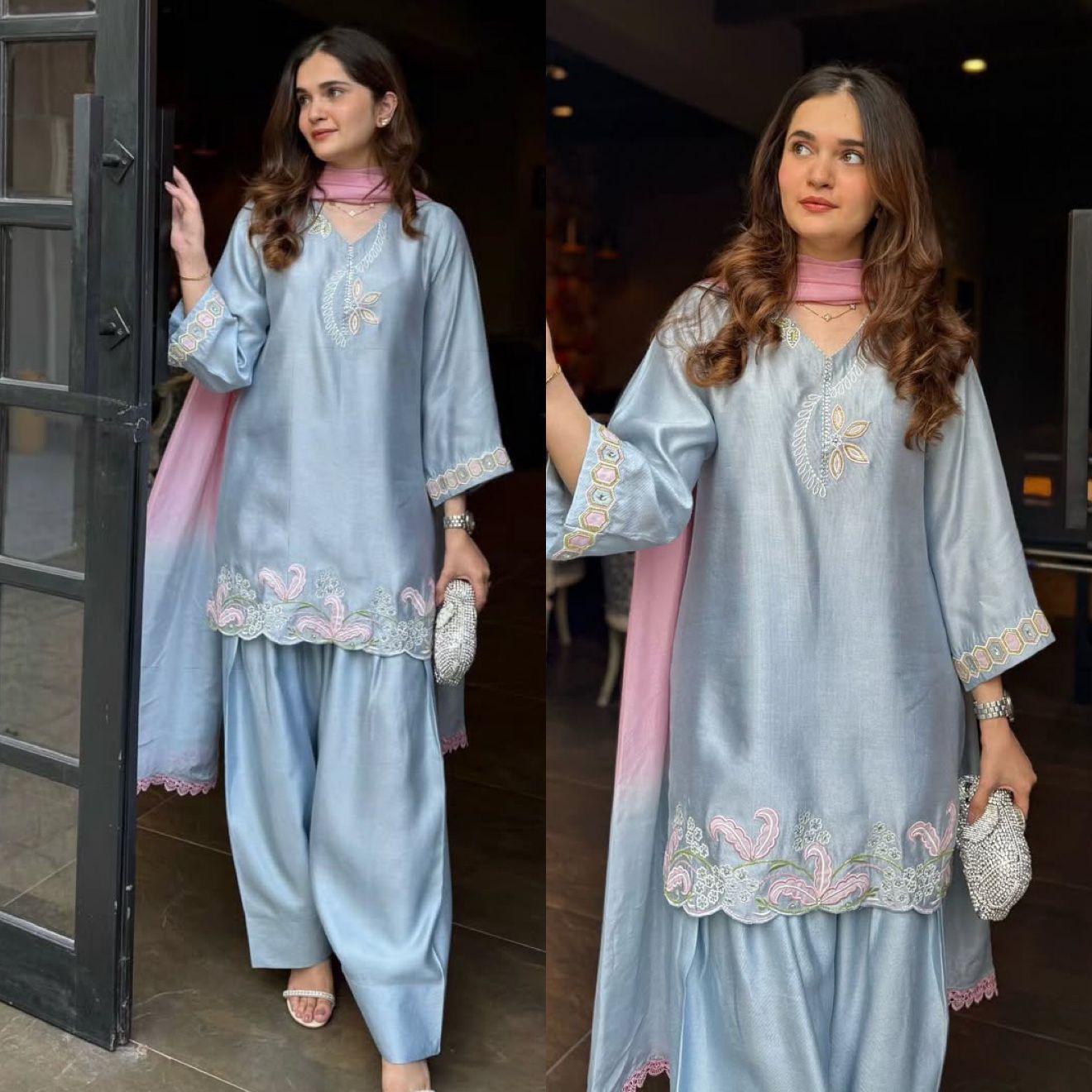 Designer Party Wear Embroidered Top with Farshi Salwar Set